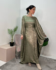 Rabia Khaki Metallic Elasticated Batwing Kaftan Dress