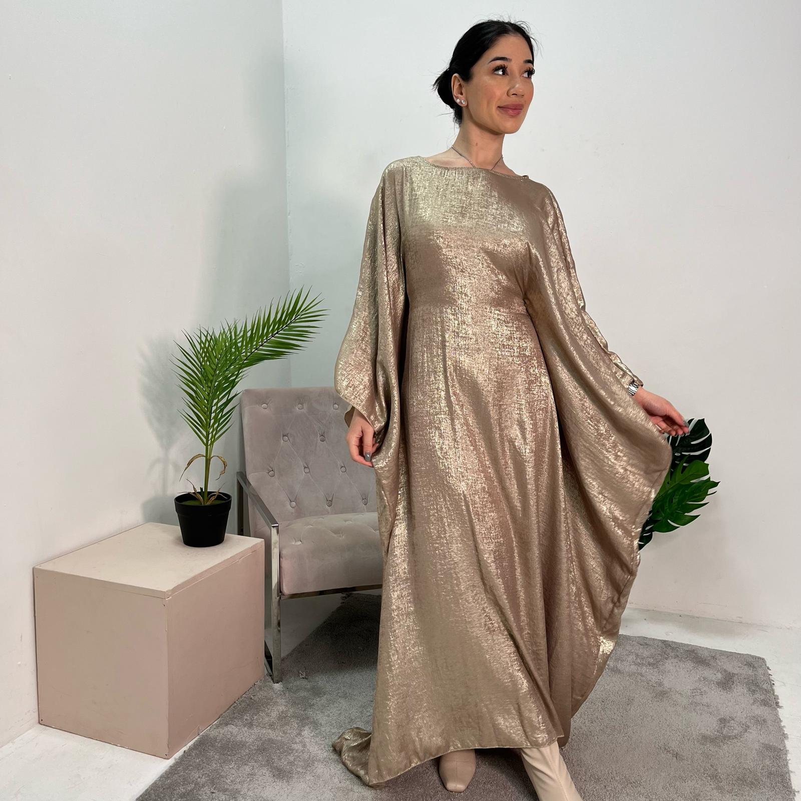 Rabia Gold Metallic Elasticated Batwing Kaftan Dress