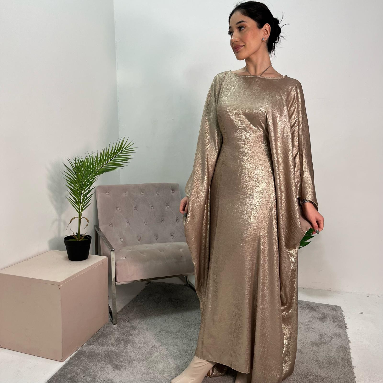 Rabia Gold Metallic Elasticated Batwing Kaftan Dress