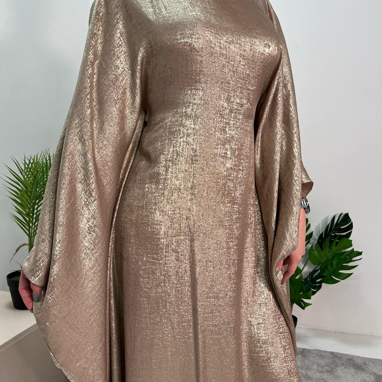 Rabia Gold Metallic Elasticated Batwing Kaftan Dress