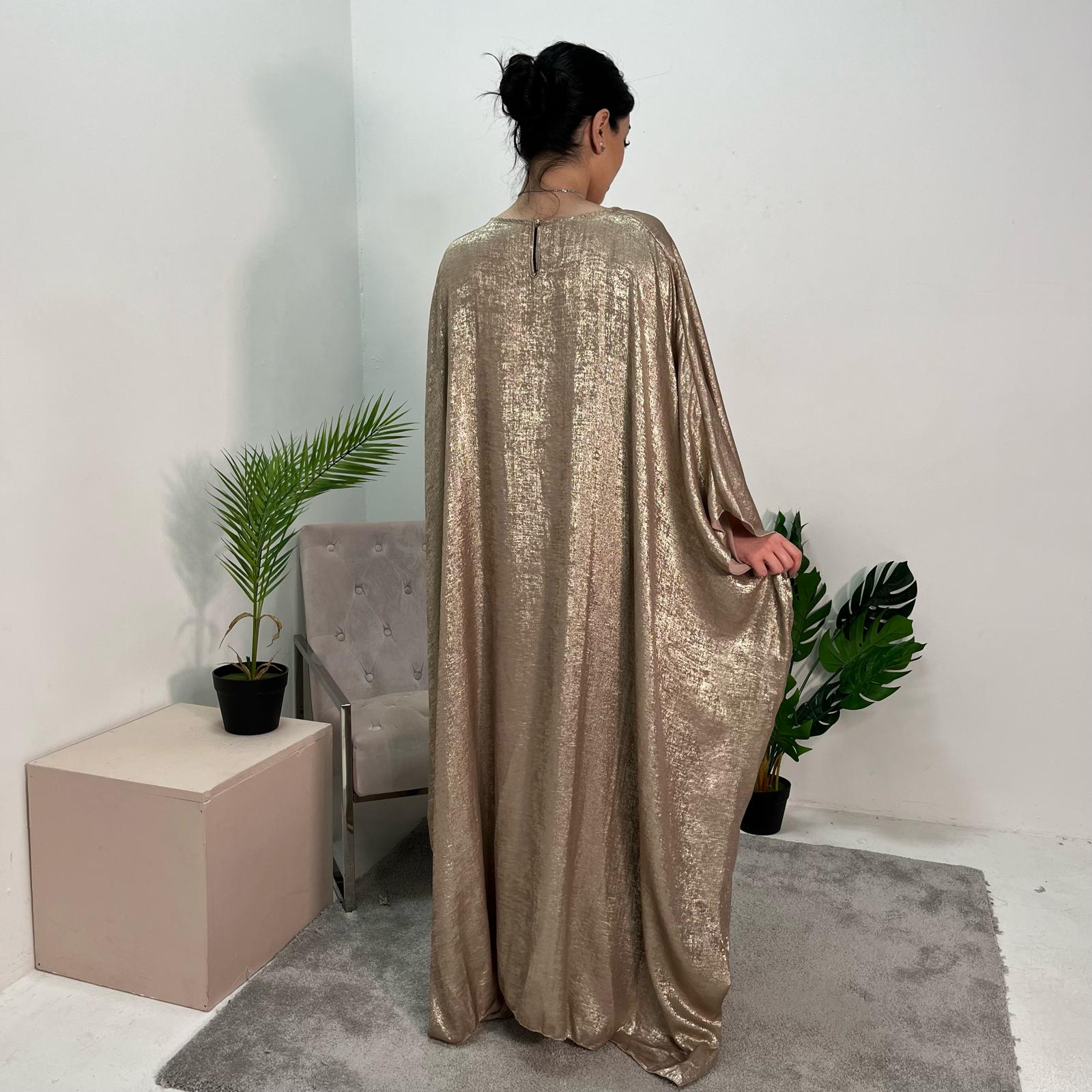 Rabia Gold Metallic Elasticated Batwing Kaftan Dress