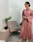 Aaliyah Pink Satin Pleated Belted Dress