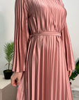 Aaliyah Pink Satin Pleated Belted Dress