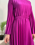 Aaliyah Magenta Satin Pleated Belted Dress