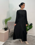 Aaliyah Black Satin Pleated Belted Dress