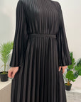 Aaliyah Black Satin Pleated Belted Dress