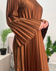 Aaliyah Chocolate Satin Pleated Belted Dress