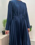 Aaliyah Midnight Blue Satin Pleated Belted Dress