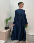 Aaliyah Midnight Blue Satin Pleated Belted Dress