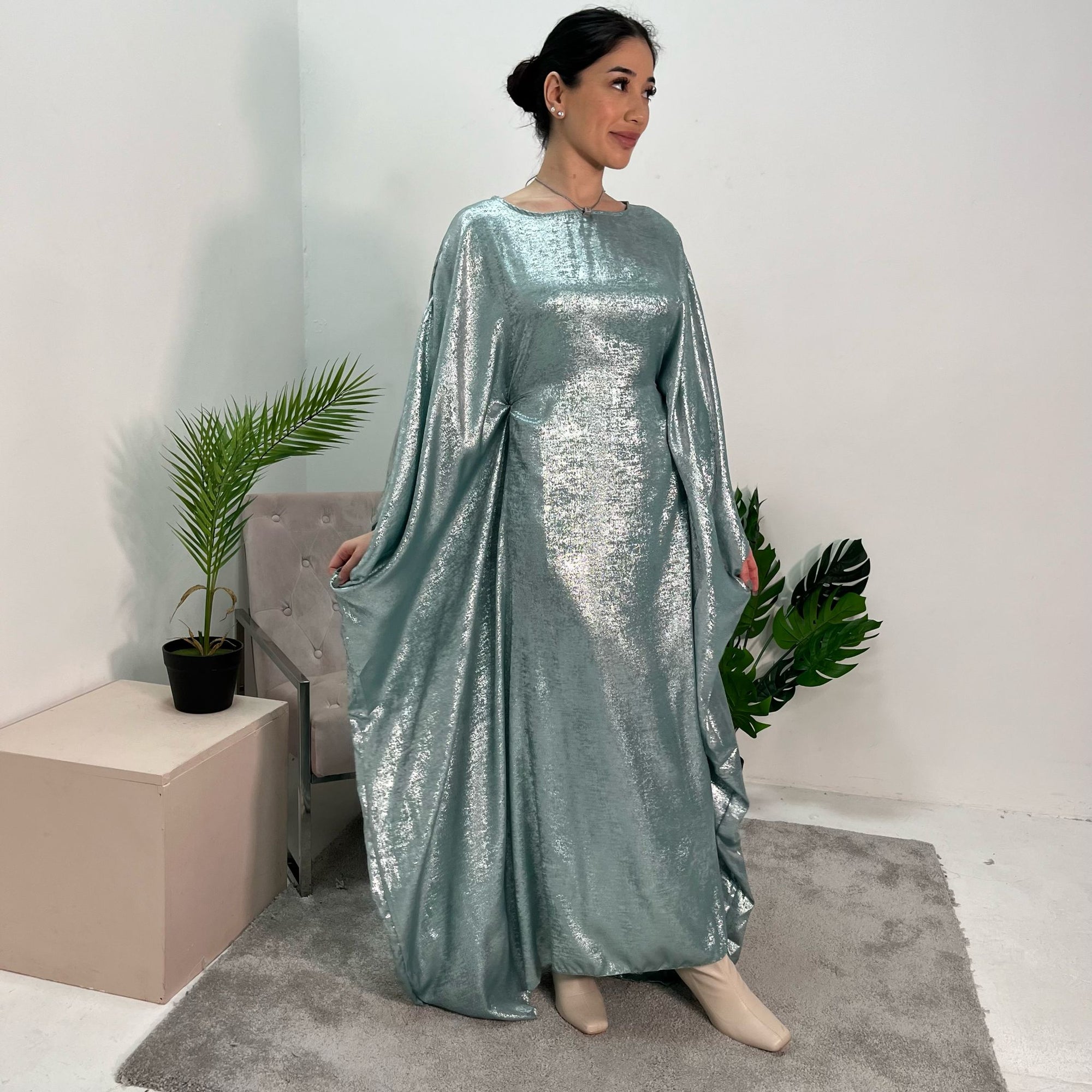 Rabia Aqua Metallic Elasticated Batwing Kaftan Dress