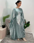 Rabia Aqua Metallic Elasticated Batwing Kaftan Dress