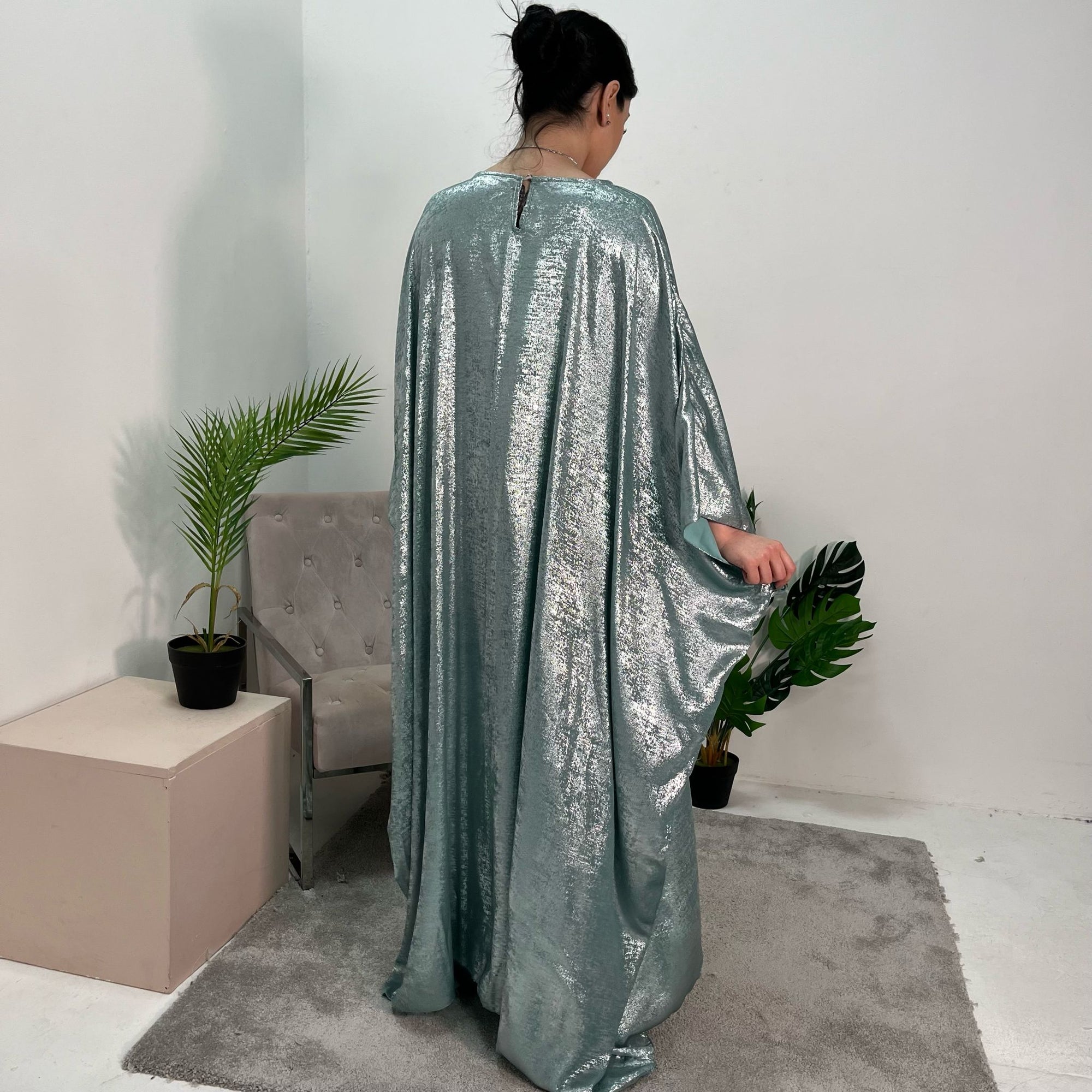 Rabia Aqua Metallic Elasticated Batwing Kaftan Dress