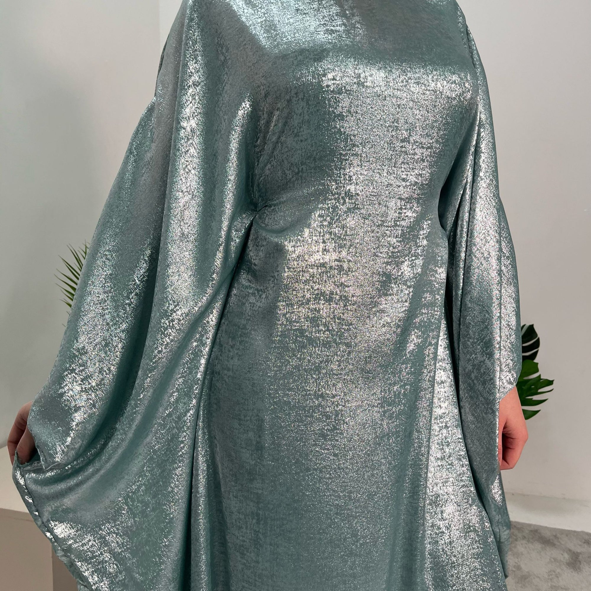 Rabia Aqua Metallic Elasticated Batwing Kaftan Dress