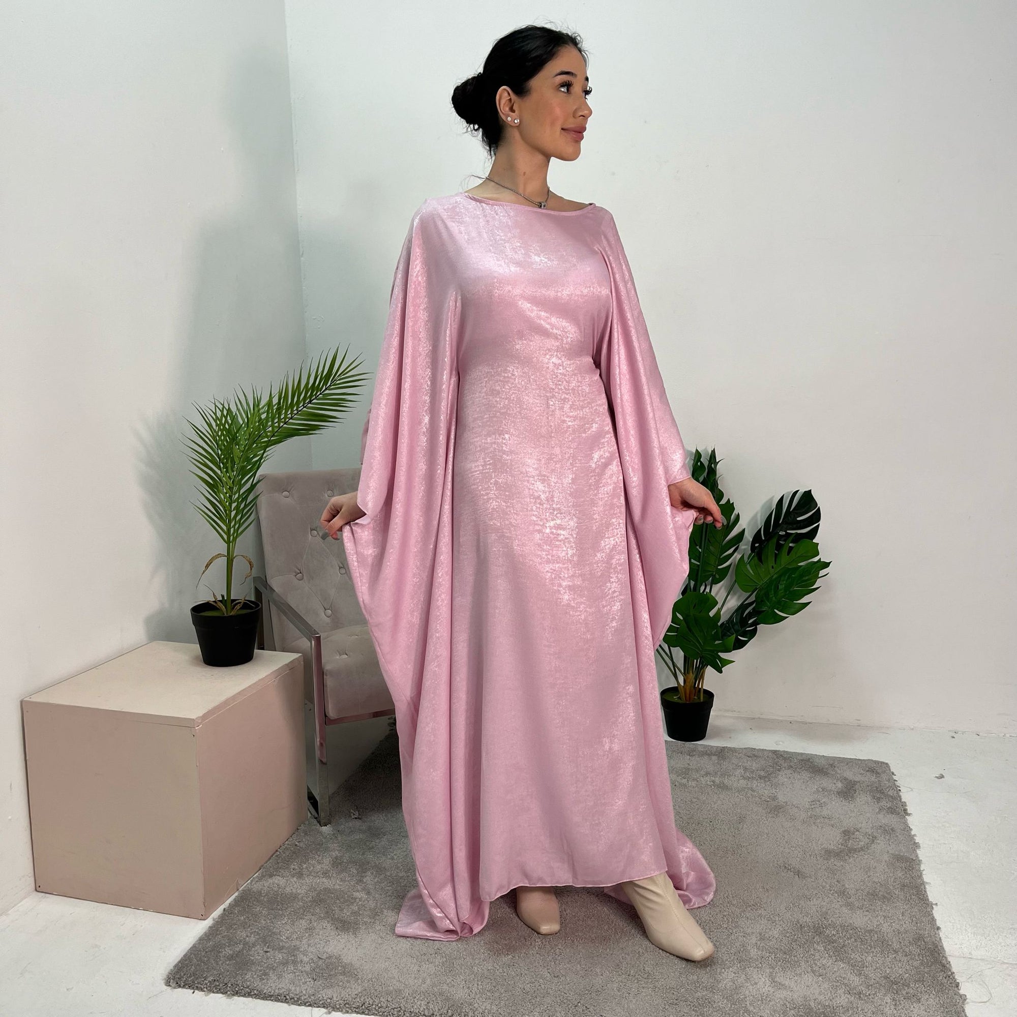 Rabia Pink Metallic Elasticated Batwing Kaftan Dress