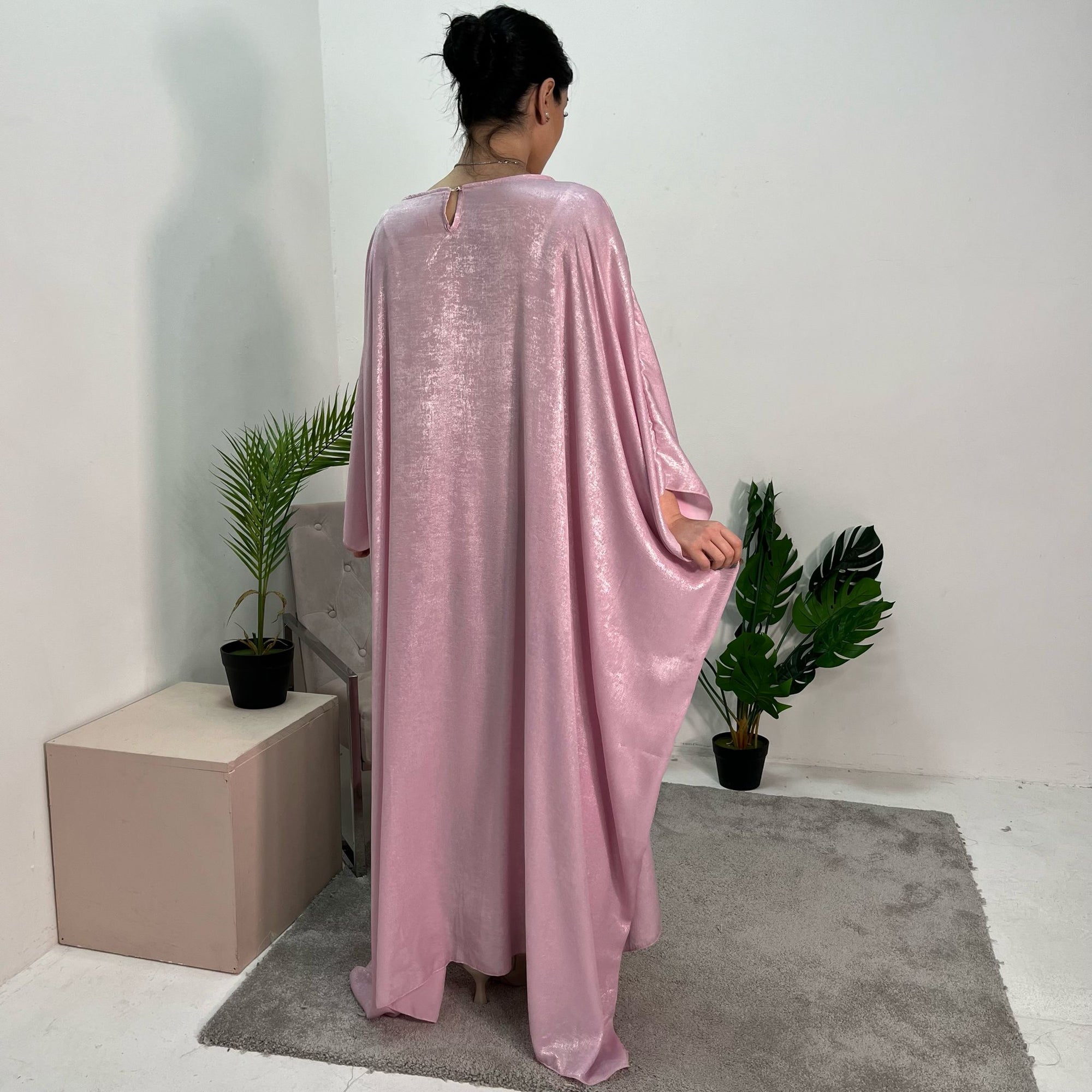 Rabia Pink Metallic Elasticated Batwing Kaftan Dress