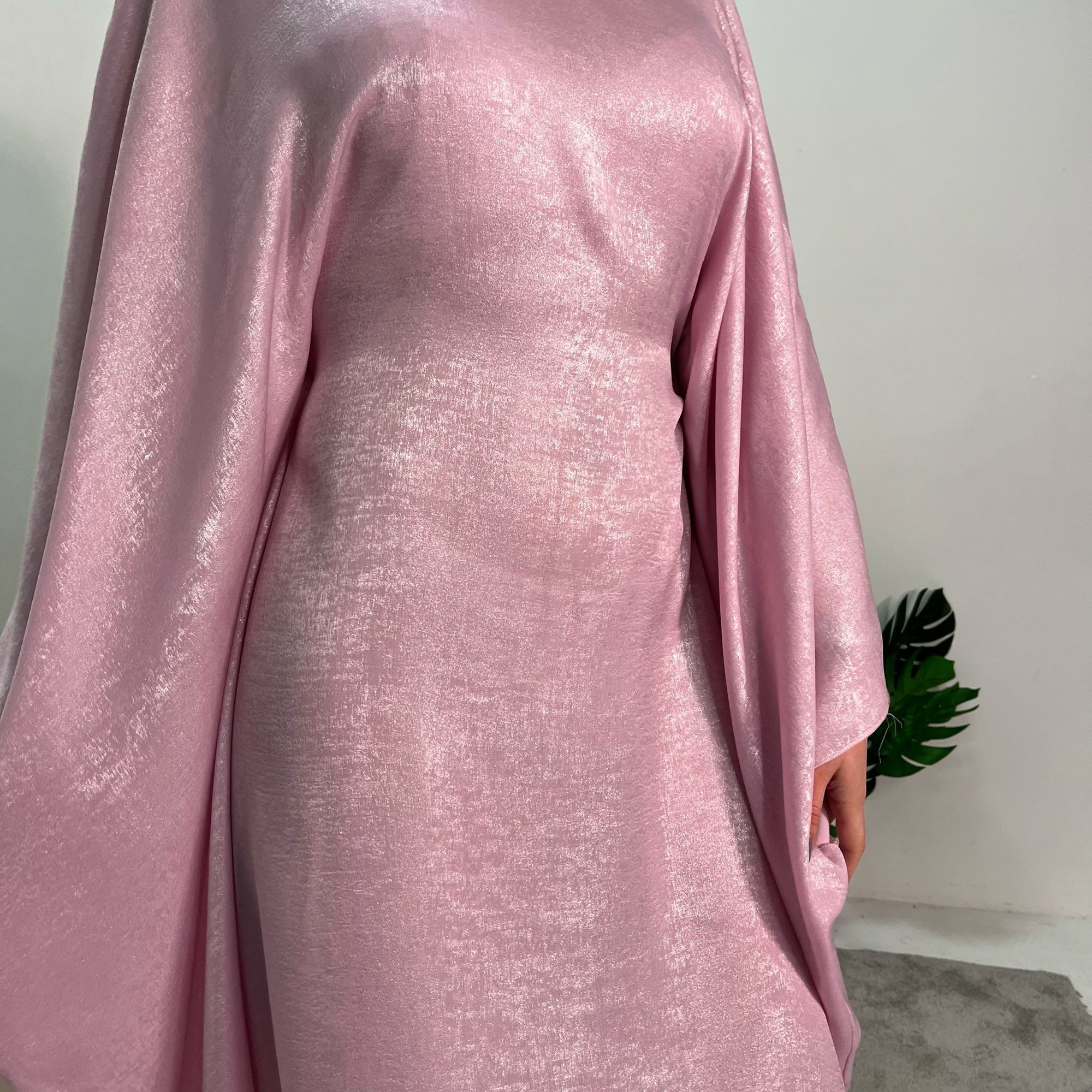 Rabia Pink Metallic Elasticated Batwing Kaftan Dress