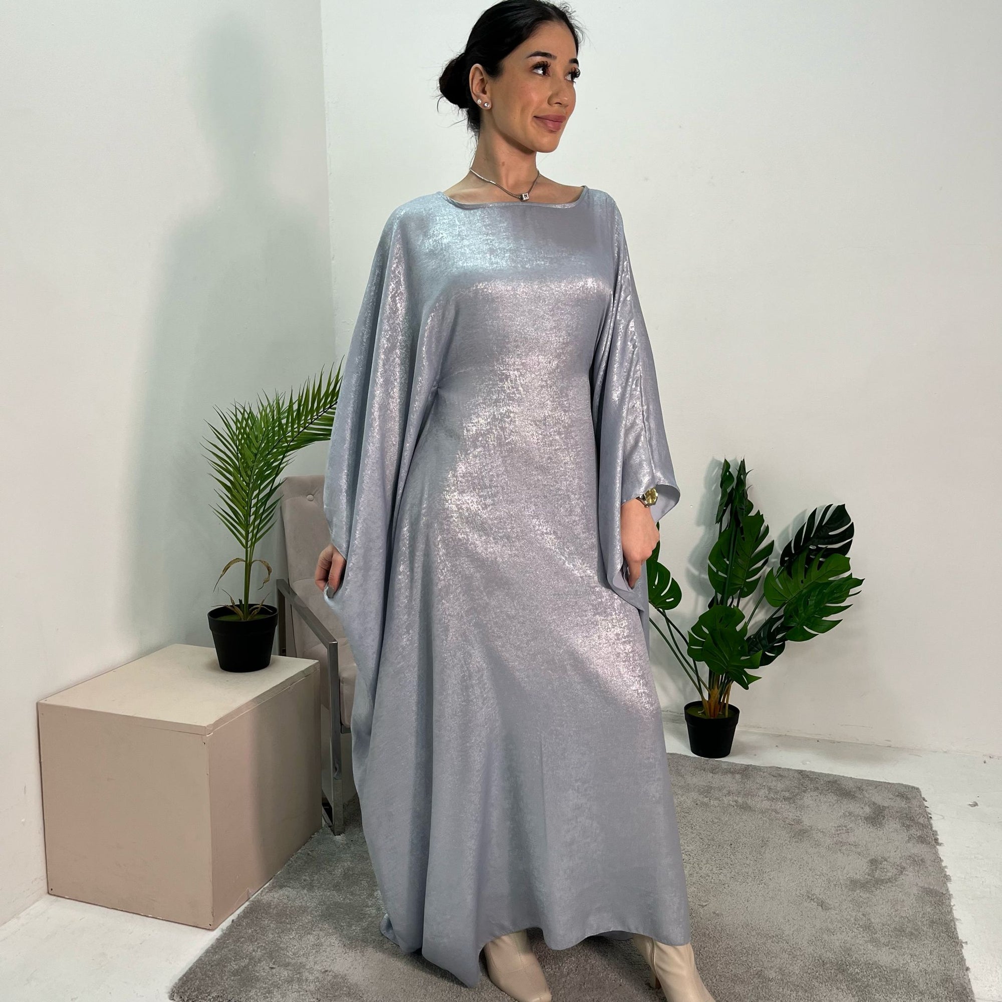 Rabia Light Blue Metallic Elasticated Batwing Kaftan Dress