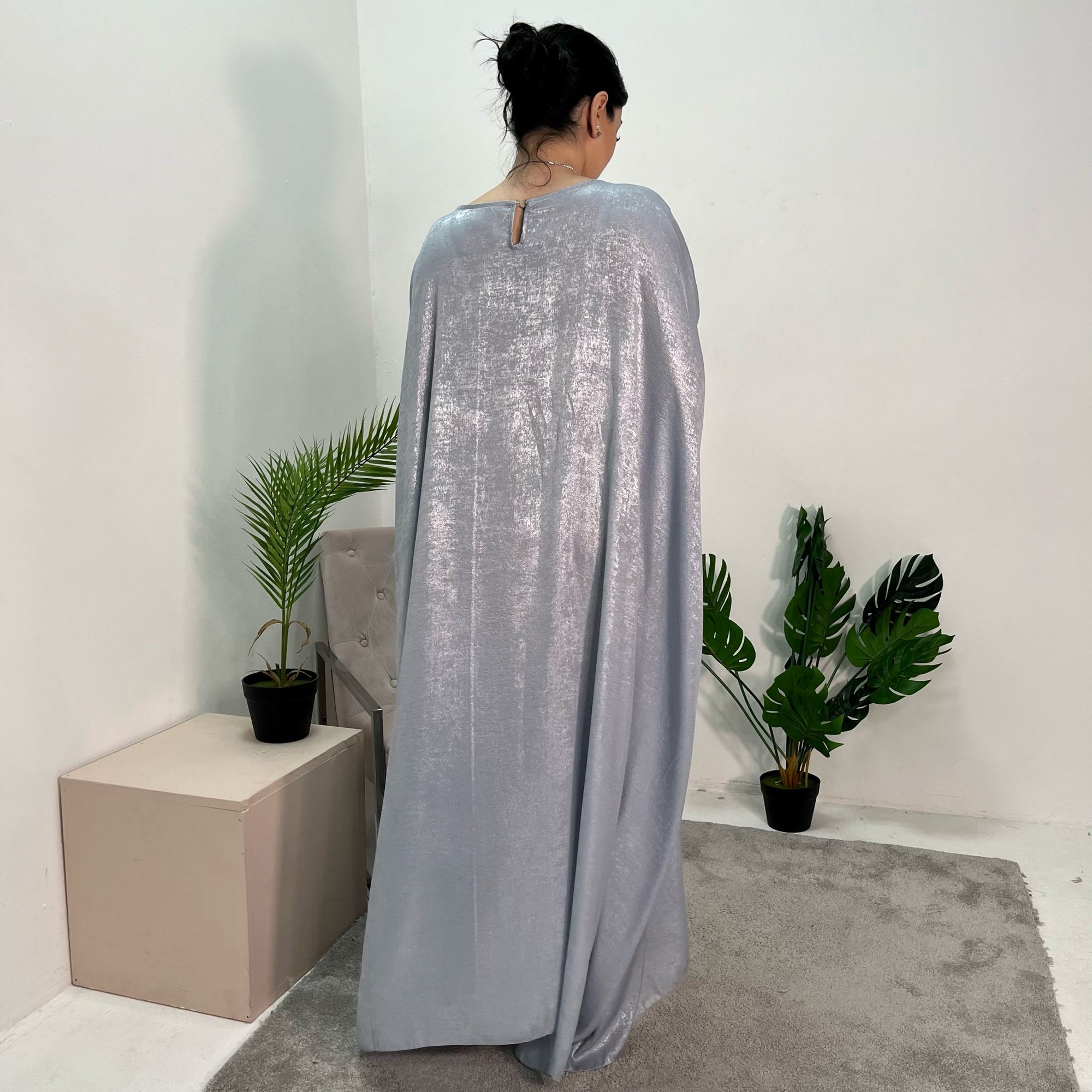 Rabia Light Blue Metallic Elasticated Batwing Kaftan Dress