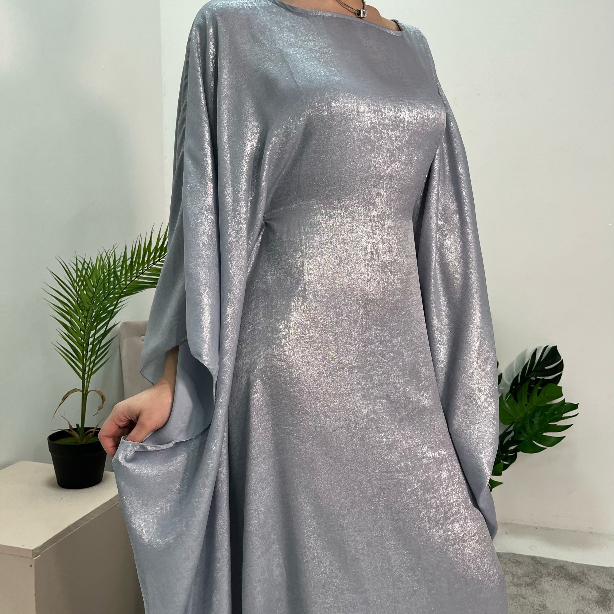 Rabia Light Blue Metallic Elasticated Batwing Kaftan Dress