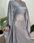 Rabia Light Blue Metallic Elasticated Batwing Kaftan Dress