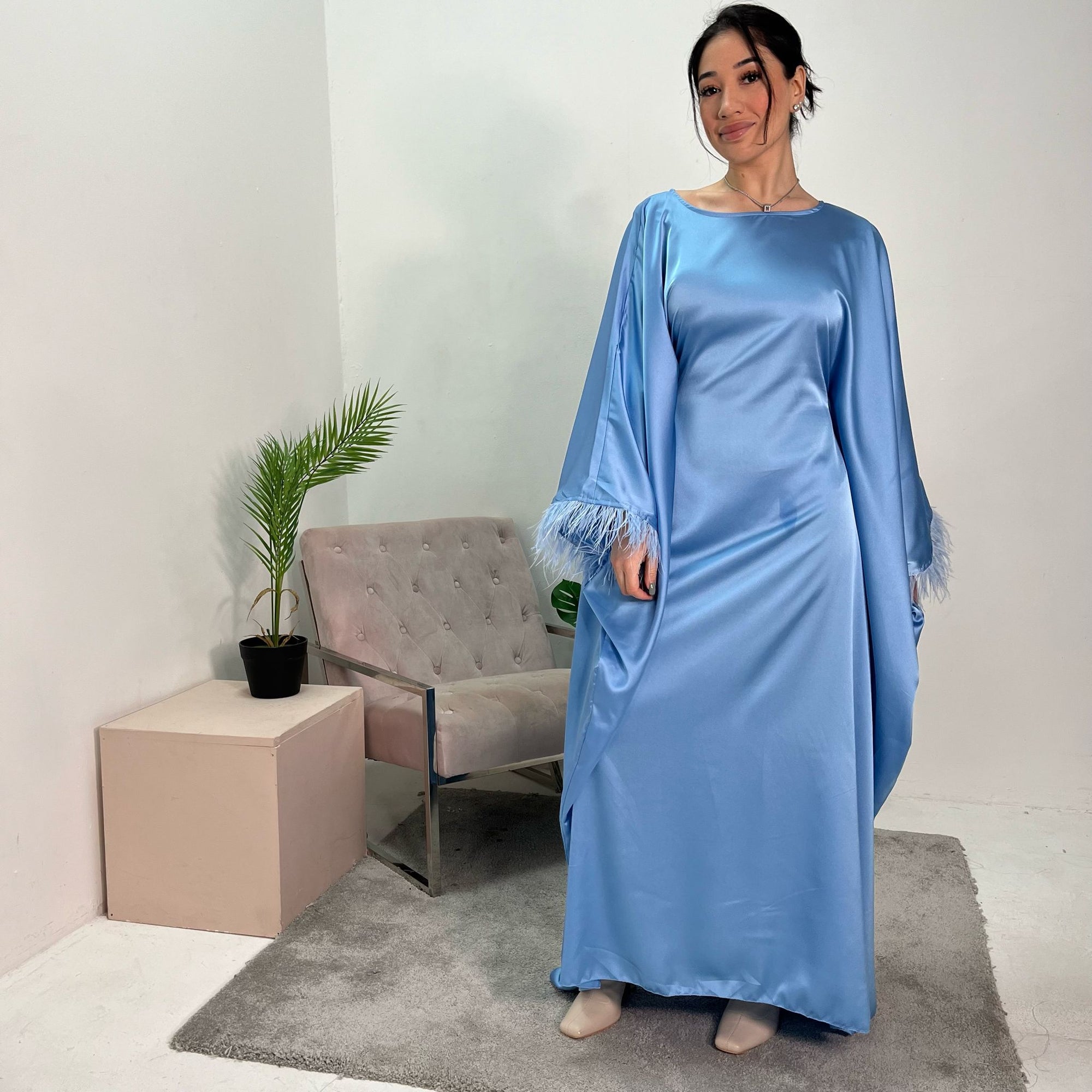 Haniya Blue Fur Trim Kaftan Dress