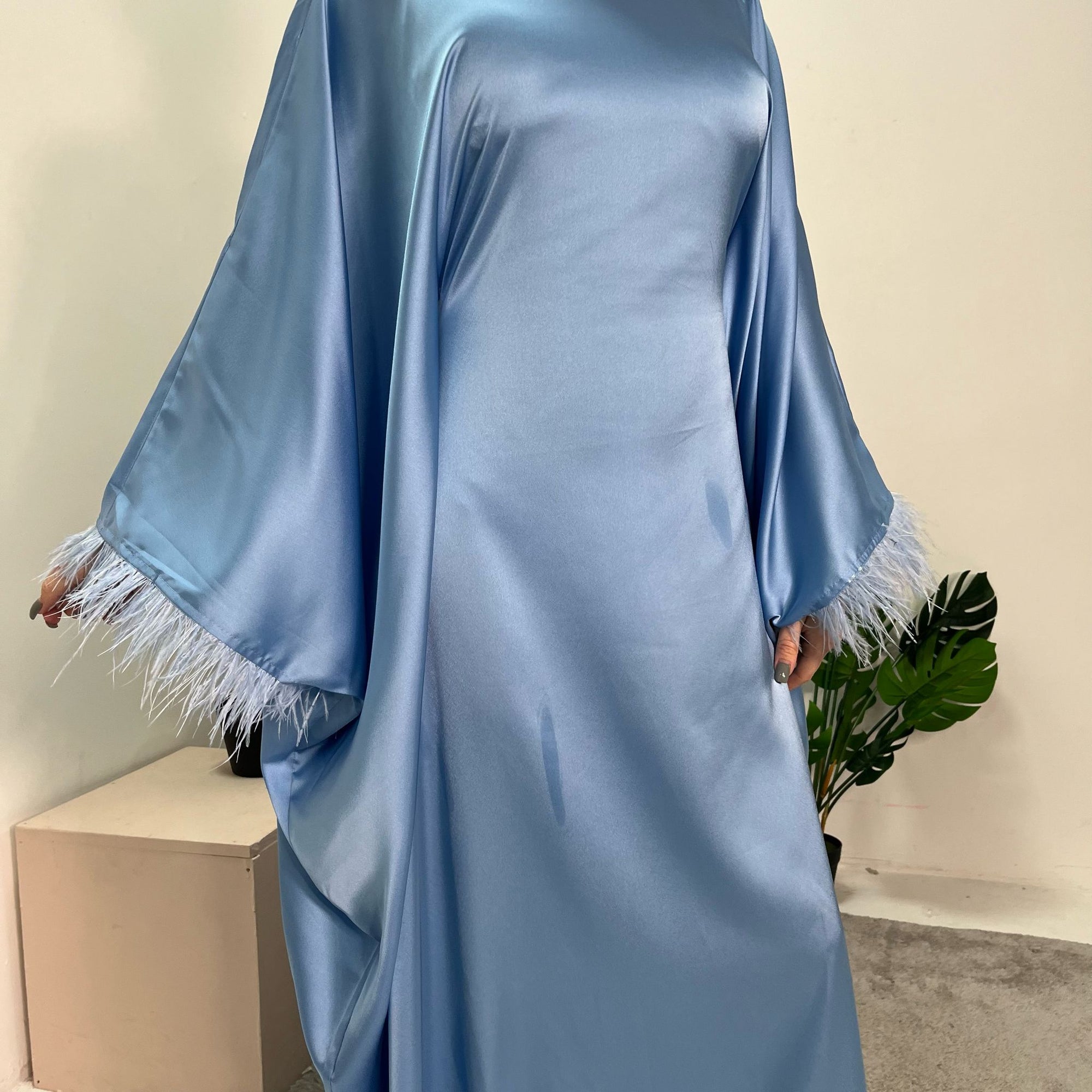 Haniya Blue Fur Trim Kaftan Dress