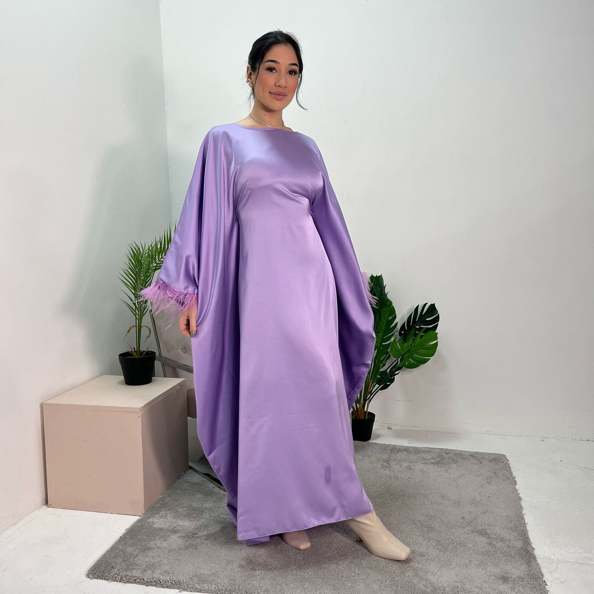 Haniya Lilac Fur Trim Kaftan Dress