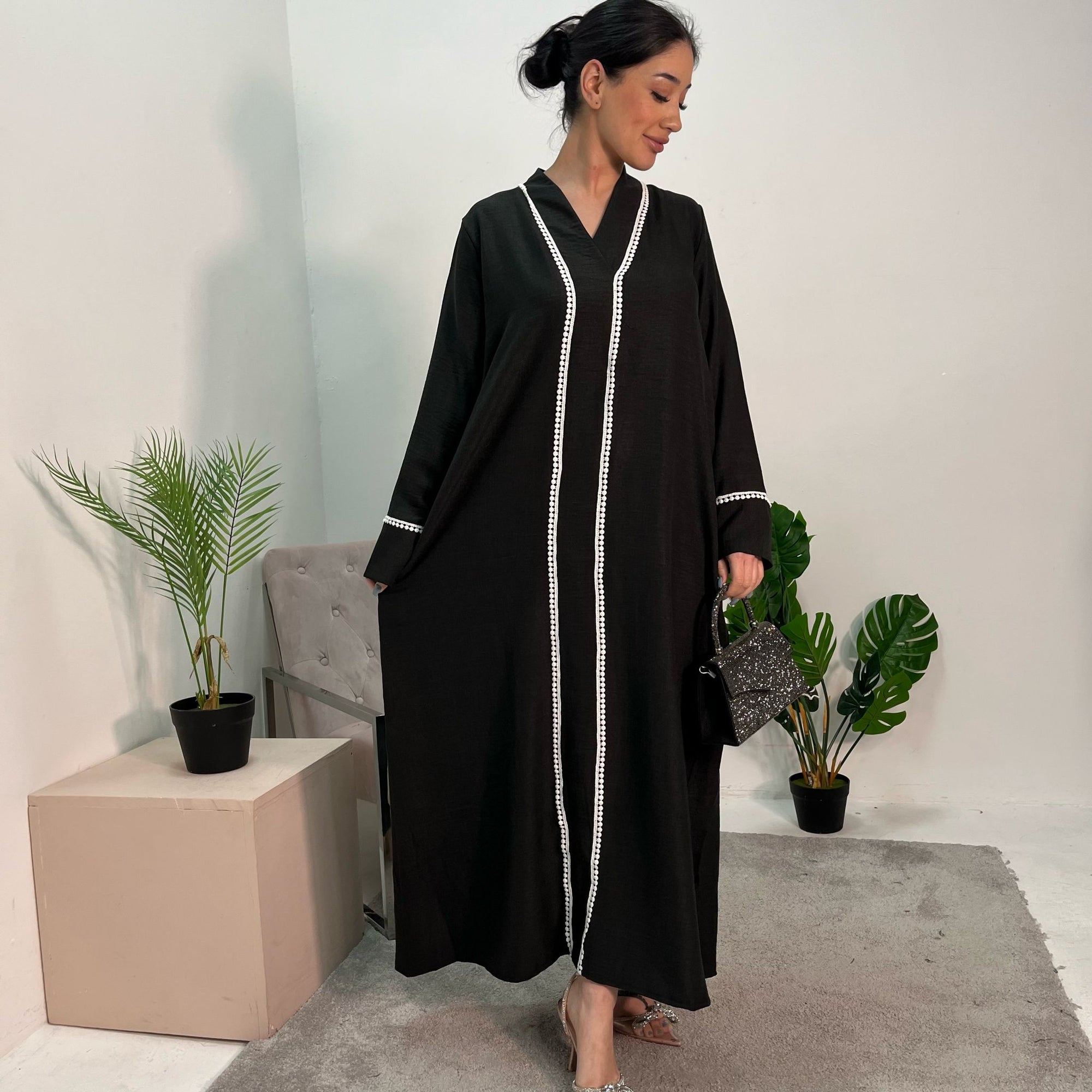 Neha Black Detail Trim Plain Abaya Modest dress