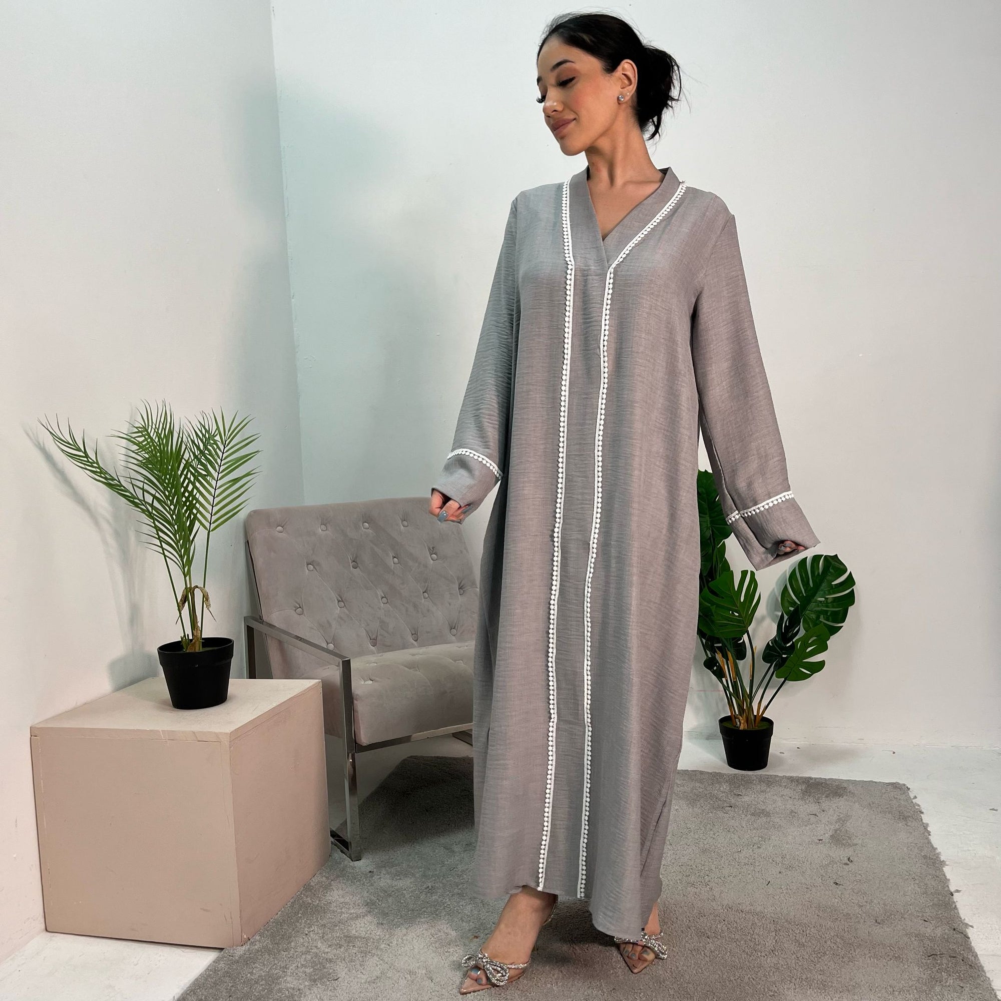 Neha Grey Detail Trim Plain Abaya Modest dress