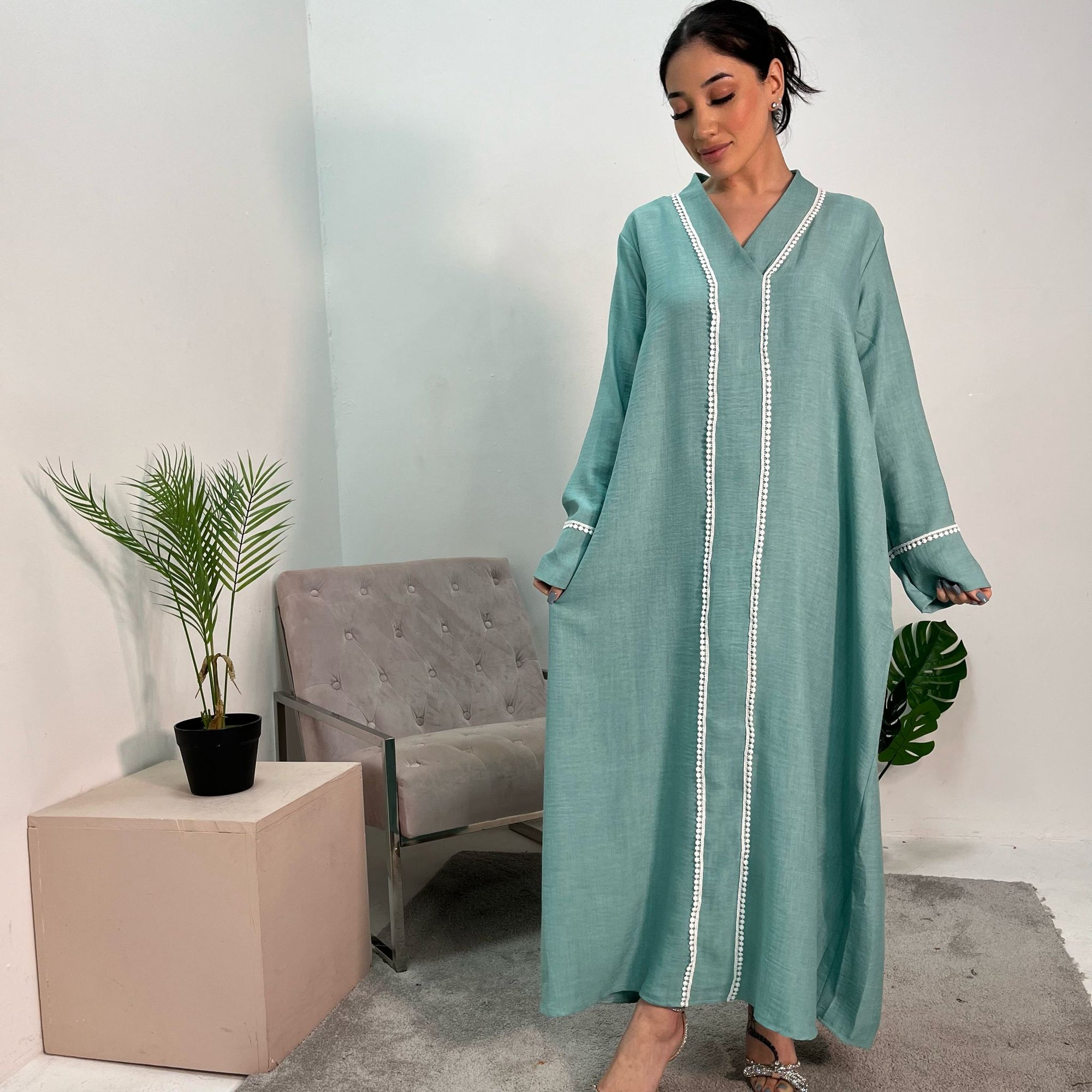 Neha Aqua Detail Trim Plain Abaya Modest dress