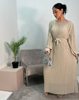 Nur Beige Double Ruffle Sleeve Belted Dress