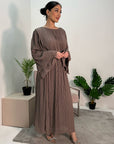 Nur Mocha Double Ruffle Sleeve Belted Dress