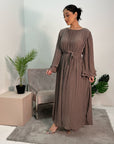 Nur Mocha Double Ruffle Sleeve Belted Dress