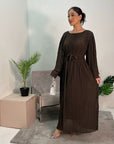 Nur Chocolate Double Ruffle Sleeve Belted Dress