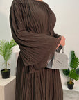 Nur Chocolate Double Ruffle Sleeve Belted Dress