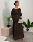 Nur Chocolate Double Ruffle Sleeve Belted Dress