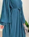 Nur Teal Double Ruffle Sleeve Belted Dress