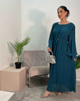 Nur Teal Double Ruffle Sleeve Belted Dress