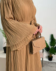 Nur Camel Double Ruffle Sleeve Belted Dress