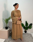 Nur Camel Double Ruffle Sleeve Belted Dress