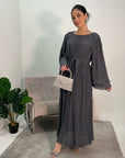 Nur Charcoal Double Ruffle Sleeve Belted Dress