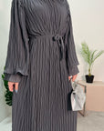 Nur Charcoal Double Ruffle Sleeve Belted Dress