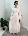 Nur White Double Ruffle Sleeve Belted Dress