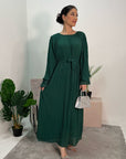 Nur Emerald Green Double Ruffle Sleeve Belted Dress