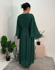 Nur Emerald Green Double Ruffle Sleeve Belted Dress