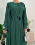 Nur Emerald Green Double Ruffle Sleeve Belted Dress