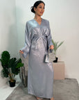 Zoya Light Grey V Neck Metallic Belted Drape Dress