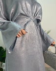 Zoya Light Grey V Neck Metallic Belted Drape Dress