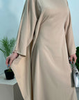 Aleena Beige Plain Silky Satin Batwing Kaftan Dress