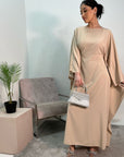 Aleena Beige Plain Silky Satin Batwing Kaftan Dress